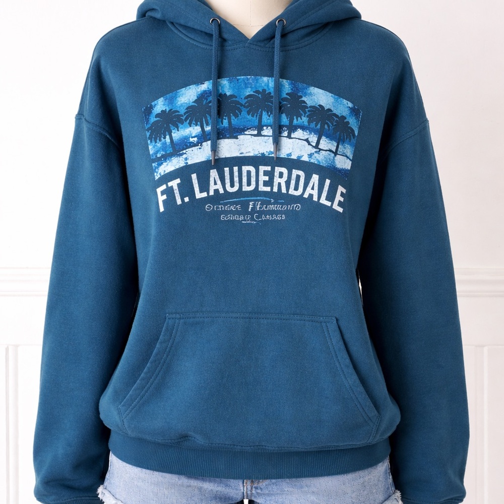 Gildan Teal Blue "FT. LAUDERDALE" Hooded Sweatshirt with Palm Graphic